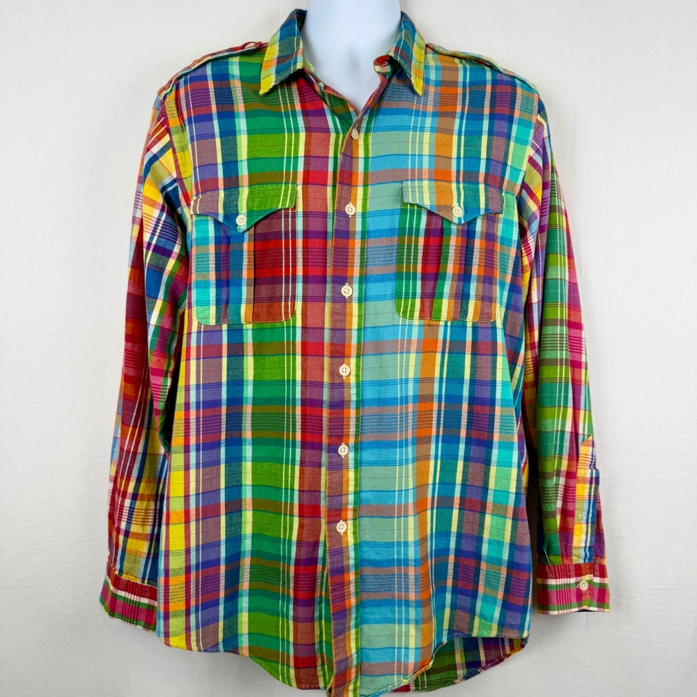 Polo Ralph Lauren Mens Trim Military Madras Plaid Shirt Multi Color Large